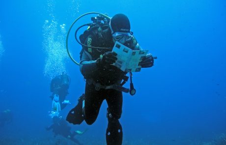 Itinerario di Punta Falconiera a Ustica_un subacqueo con la guida plastificata_photo Salvo Emma